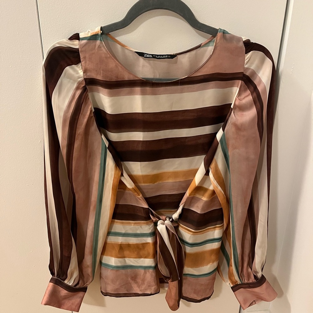 Zara Women's Multicolor Striped Blouse with Tie Front